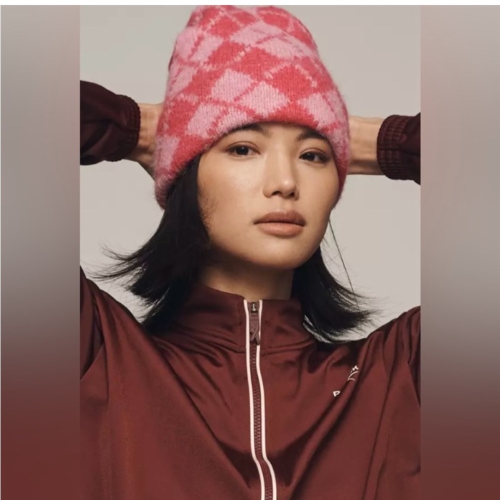 Anthropologie Gambit Argyle plaid Beanie wool knit blend pink hat new winter